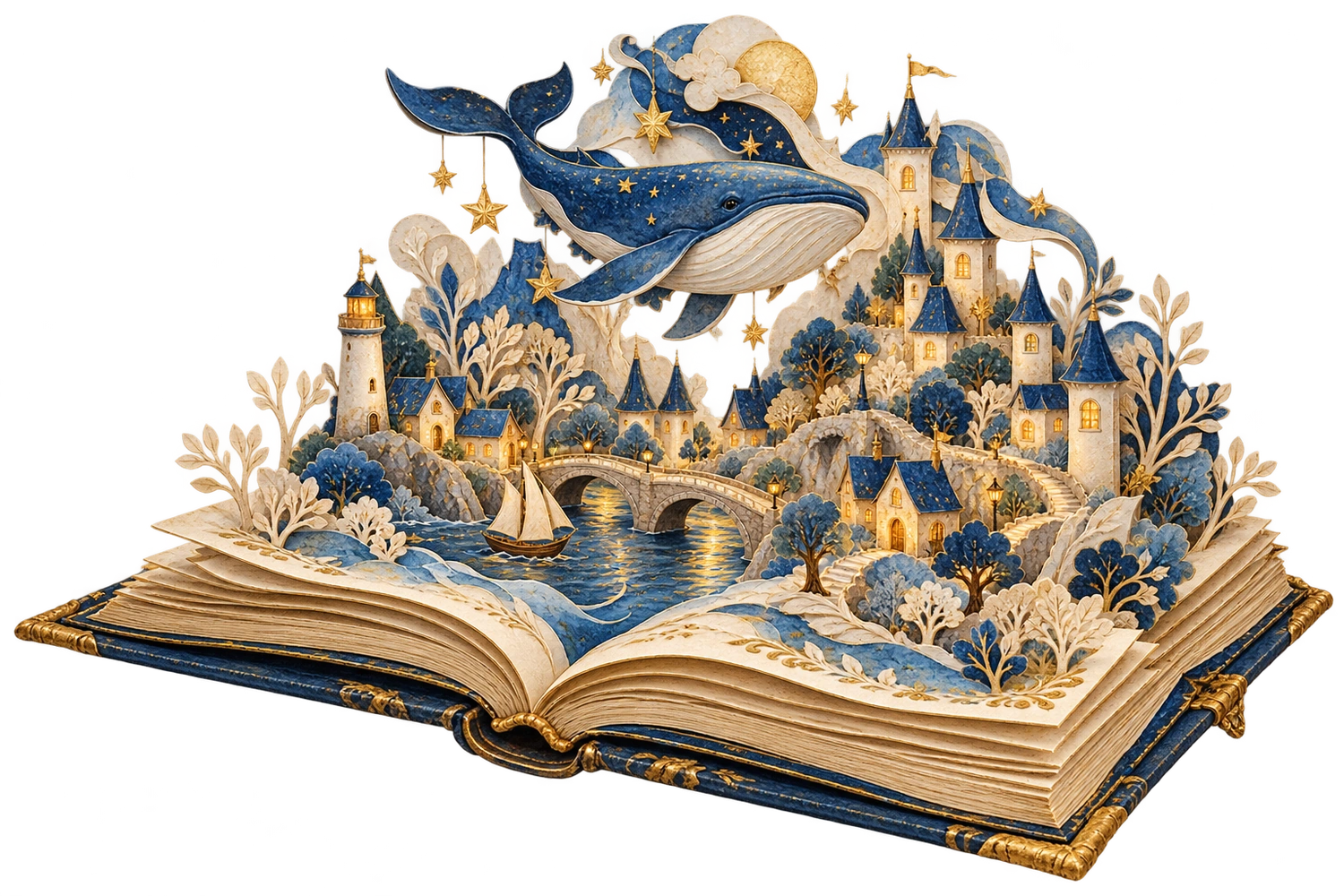 Сказочный город и кит на страницах раскрытой книги